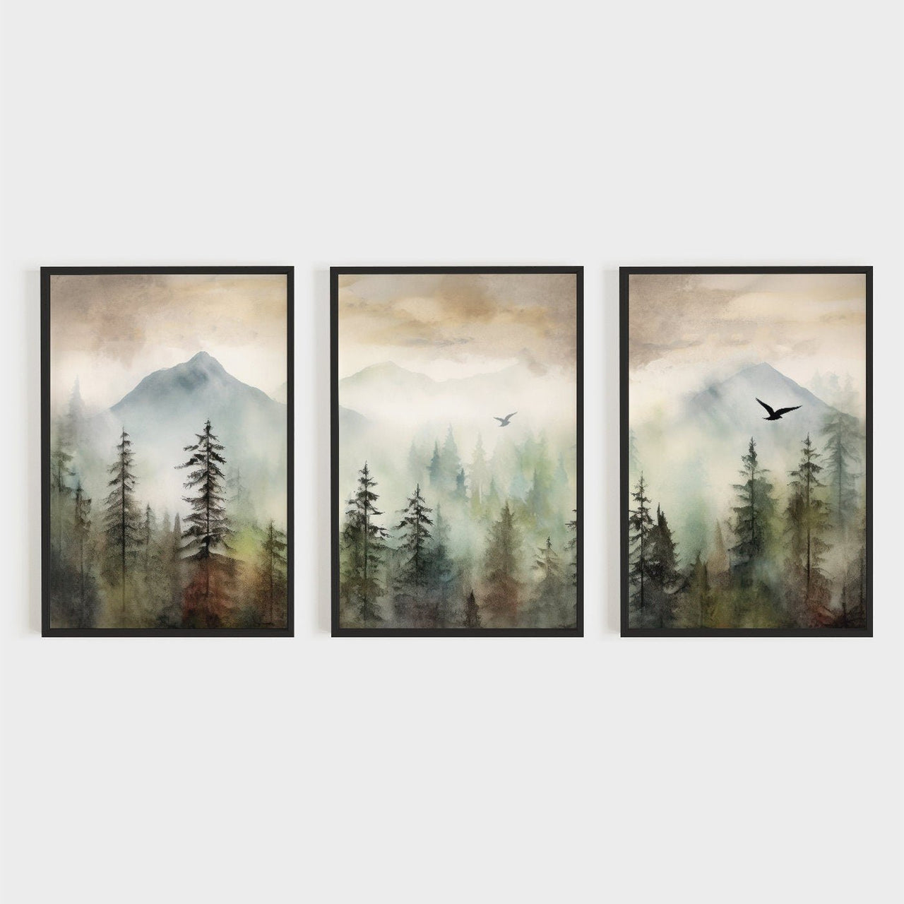 Misty Spruce Forest Wall Art – Landscape Bedroom Print • Set of 3