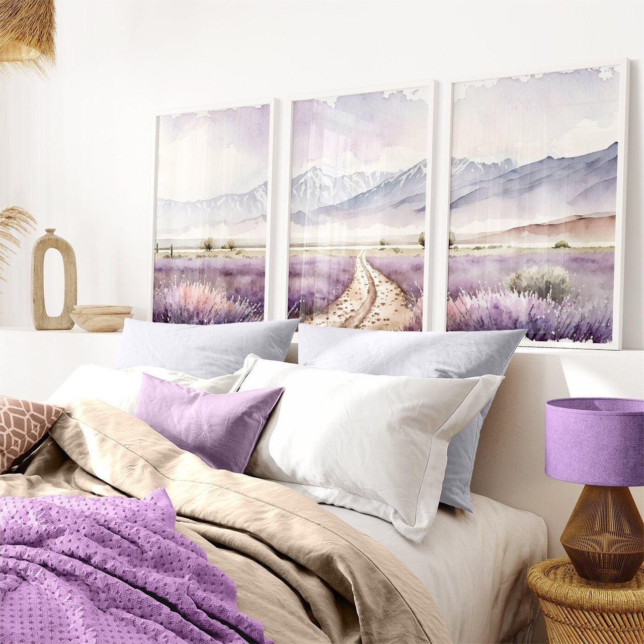 Lavender Field Print – Floral Living Room Wall Art • Set of 3