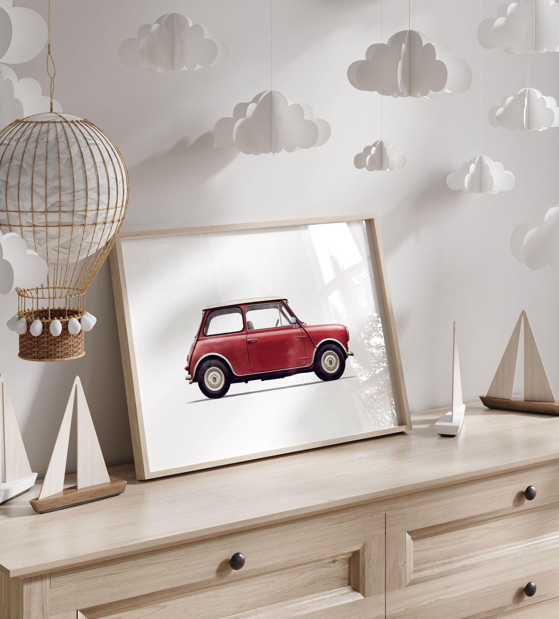 Watercolor Red Mini Cooper Art, Vintage Car Decor for Kids Room - WildfieldPrints
