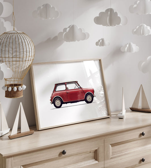 Watercolor Red Mini Cooper Art, Vintage Car Decor for Kids Room - WildfieldPrints