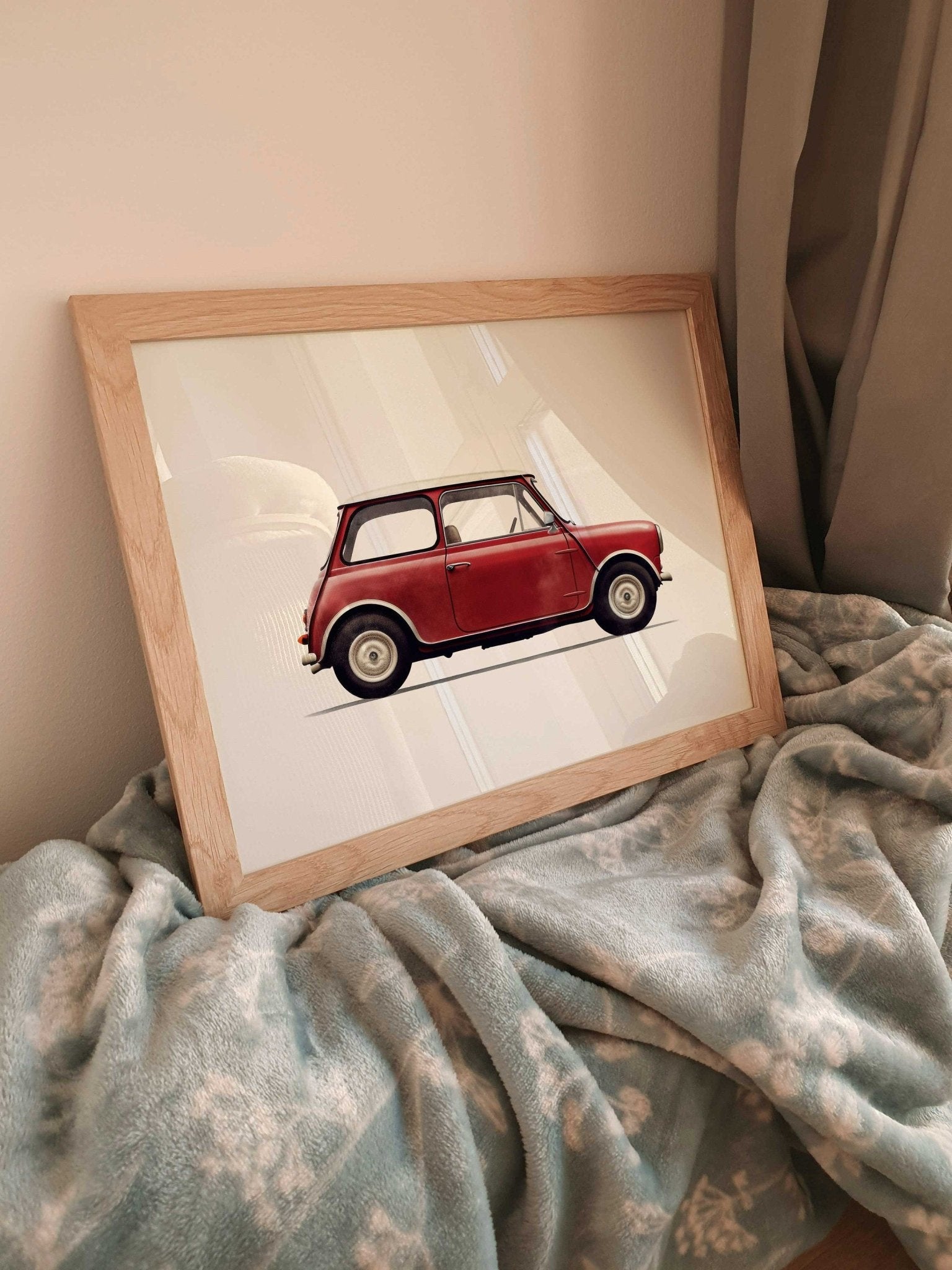 Watercolor Red Mini Cooper Art, Vintage Car Decor for Kids Room - WildfieldPrints