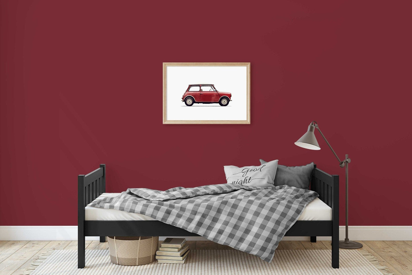 Watercolor Red Mini Cooper Art, Vintage Car Decor for Kids Room - WildfieldPrints