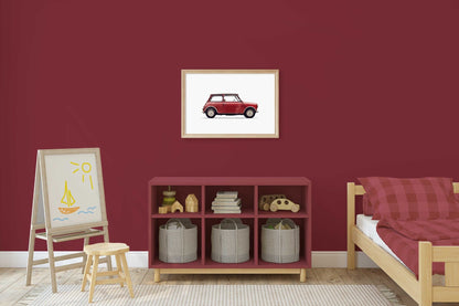 Watercolor Red Mini Cooper Art, Vintage Car Decor for Kids Room - WildfieldPrints
