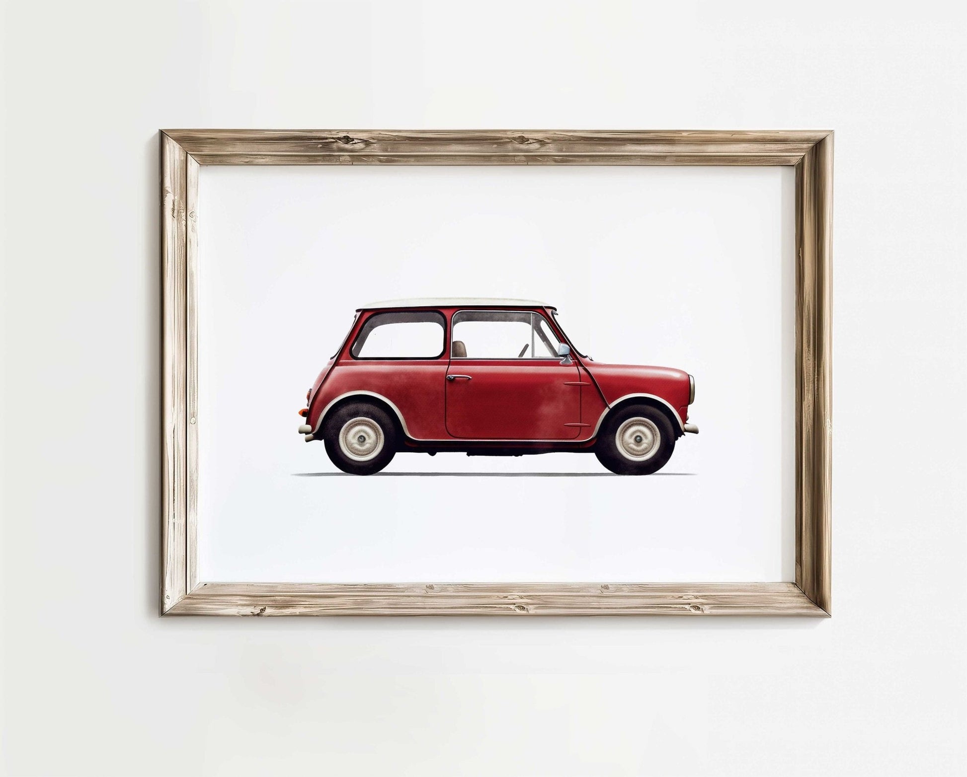 Watercolor Red Mini Cooper Art, Vintage Car Decor for Kids Room - WildfieldPrints