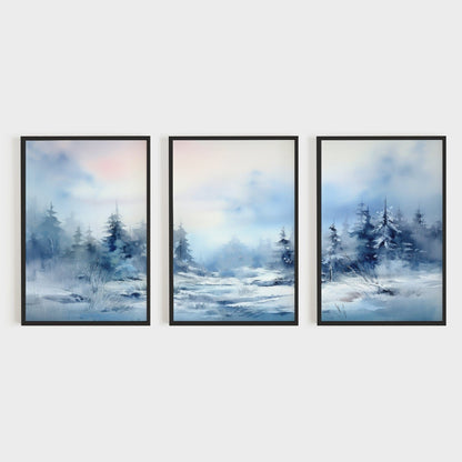 Watercolor Winter Landscape Art, Blue Living Room Wall Decor, Snowy Forest Painting - WildfieldPrints