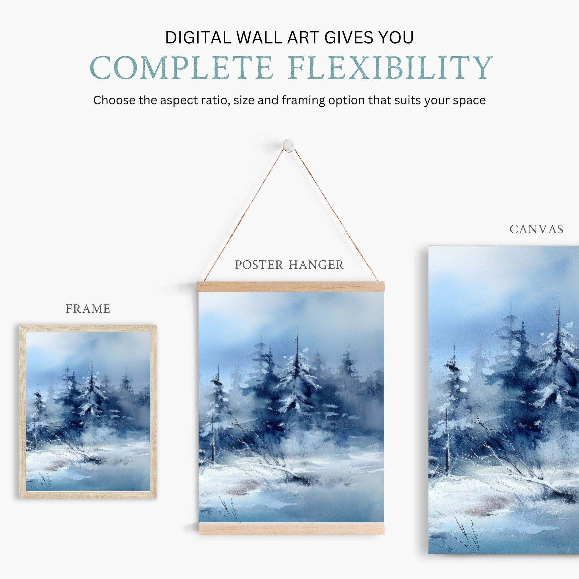 Watercolor Winter Landscape Art, Blue Living Room Wall Decor, Snowy Forest Painting - WildfieldPrints
