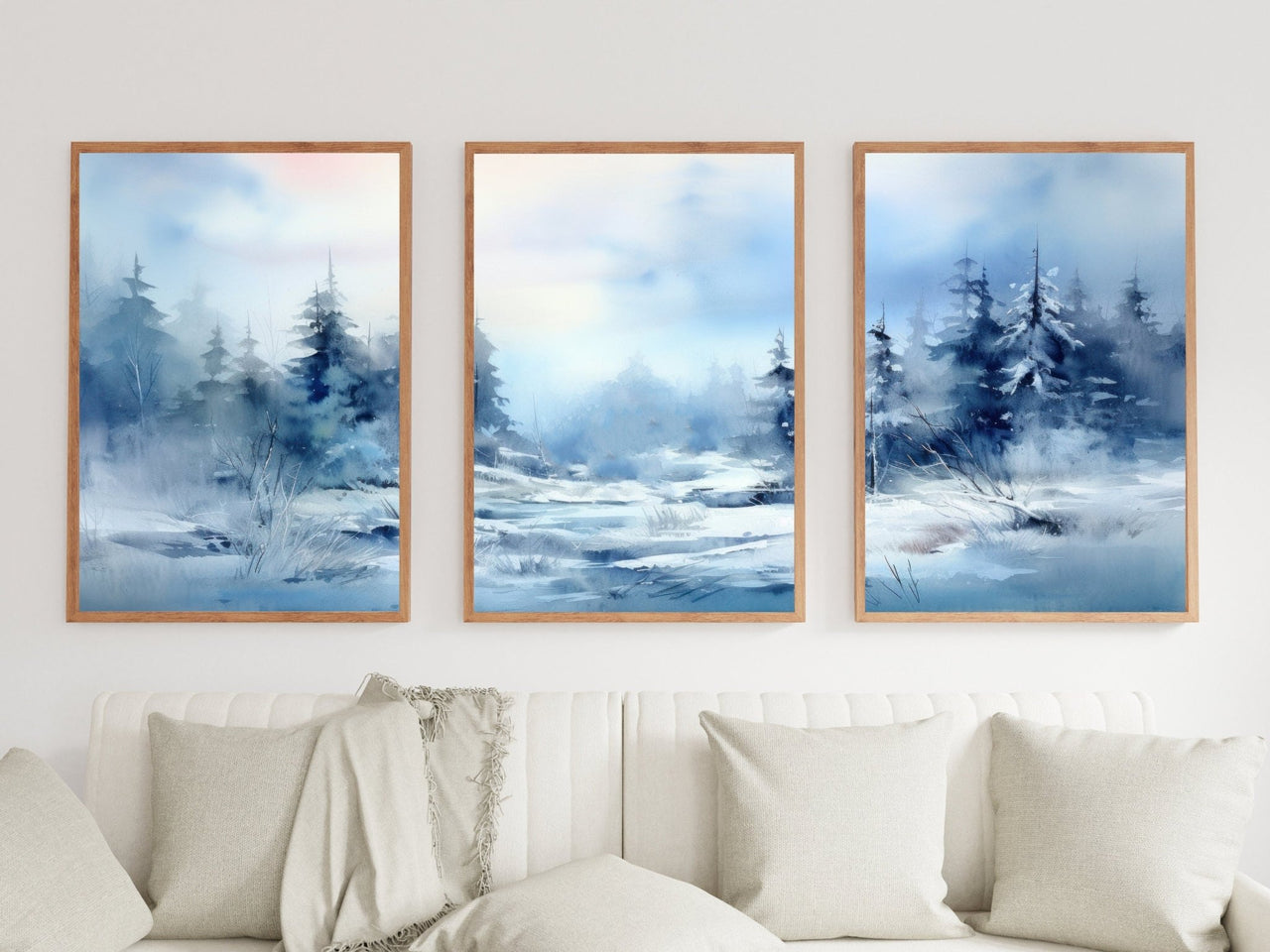 Snowy Forest Wall Art – Winter Living Room Print • Set of 3