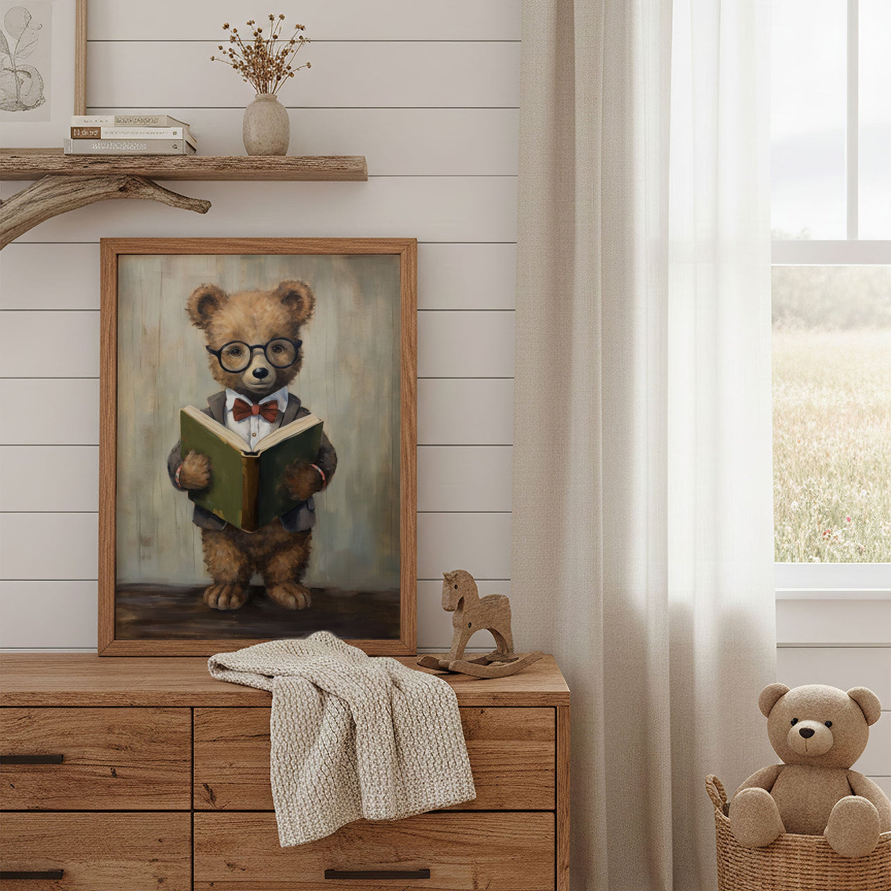Whimsical Bear Reading Print – Book Reading Corner Art for Kids