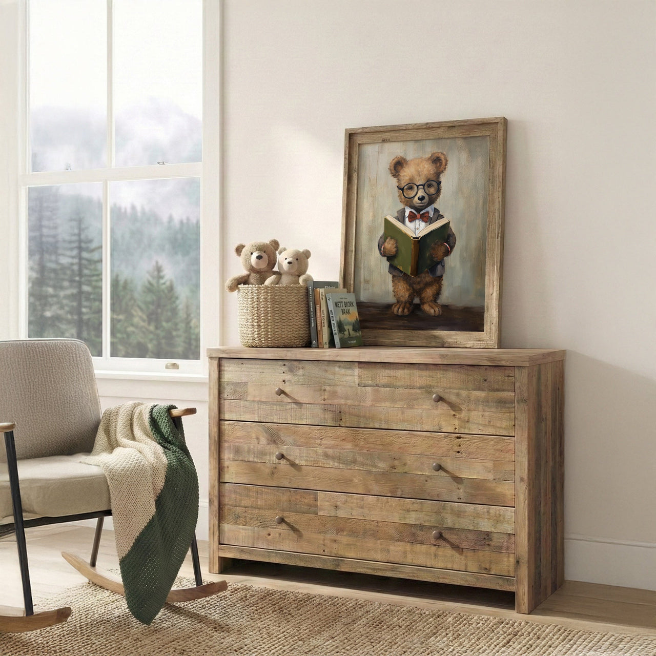 Whimsical Bear Reading Print – Book Reading Corner Art for Kids
