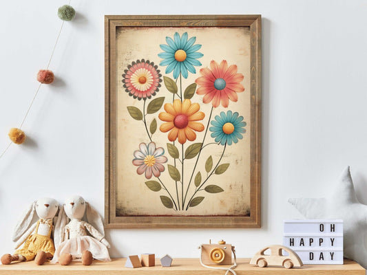 Whimsical Floral Kids Room Decor, Retro Flower Print, Vintage Art - WildfieldPrints