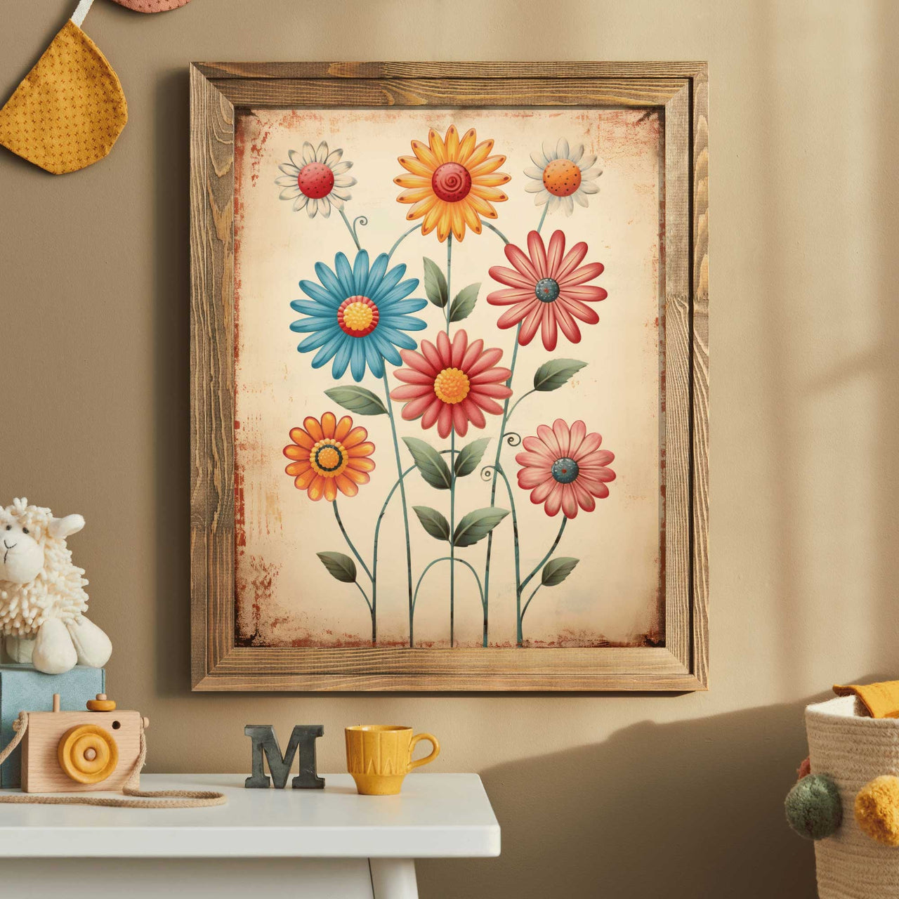 Retro Flower Wall Art – Floral Kids Room Print
