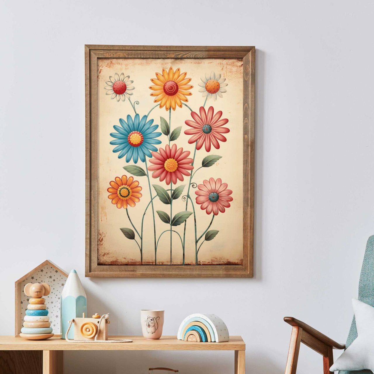 Retro Flower Wall Art – Floral Kids Room Print