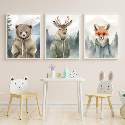 Whimsical Forest Friends Art, Vintage Wildlife Decor, Cute Animal Portraits - WildfieldPrints