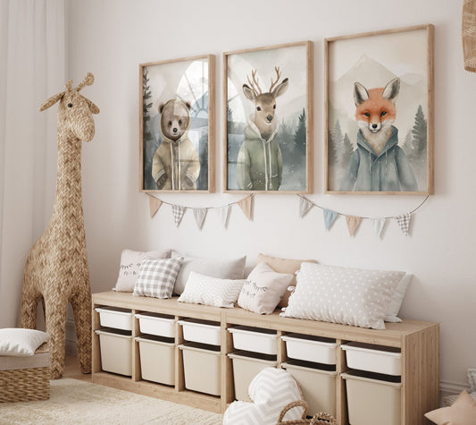 Whimsical Forest Friends Art, Vintage Wildlife Decor, Cute Animal Portraits - WildfieldPrints