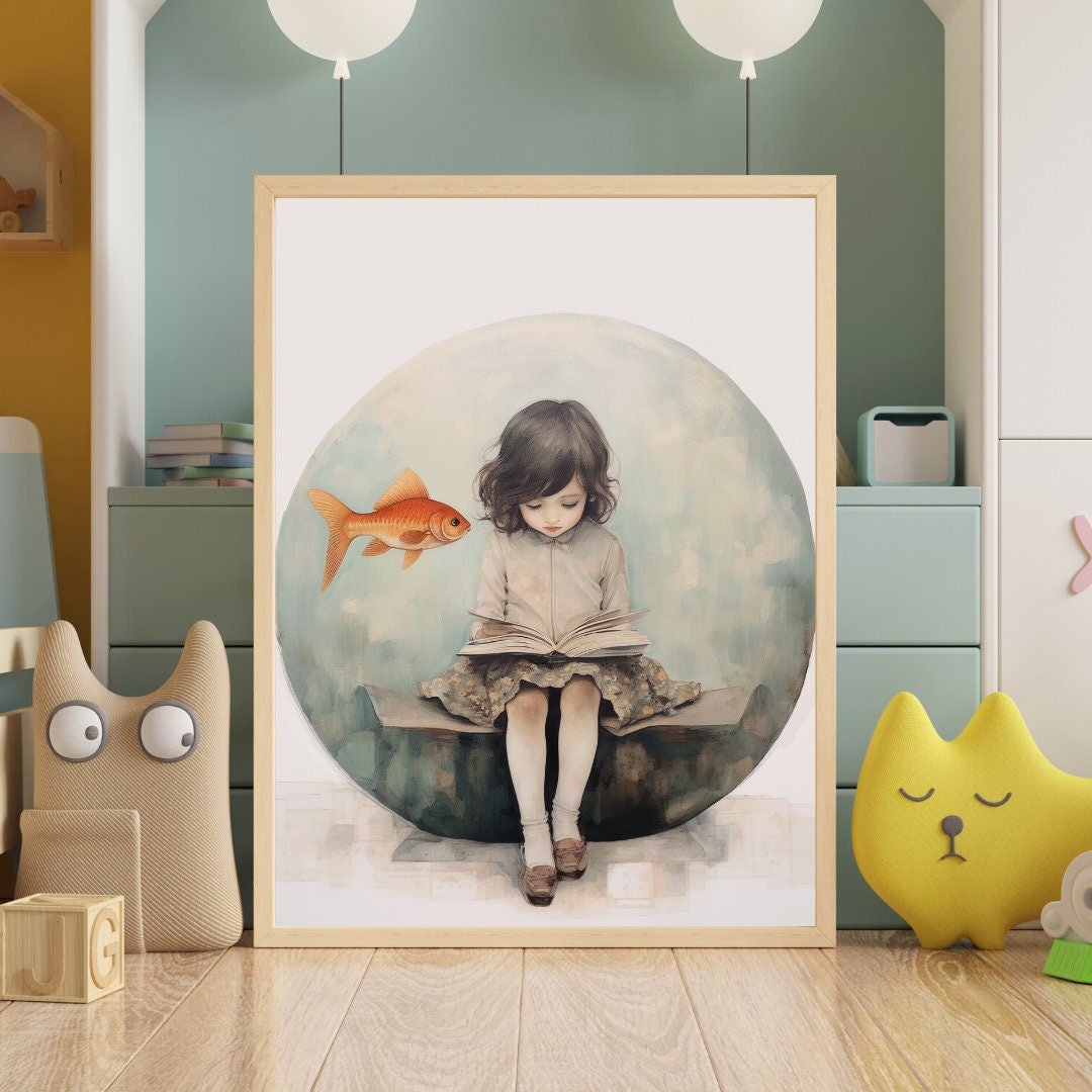 Girl Reading Wall Art – Vintage Kids Room Print