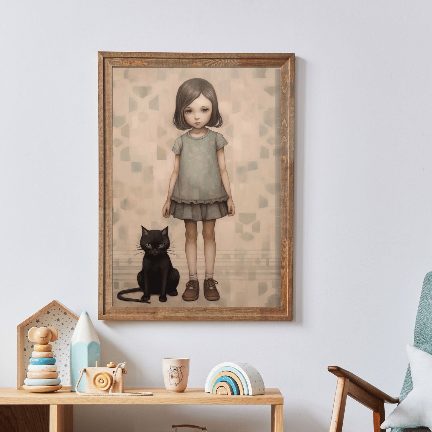 Whimsical Girl's Room Wall Art, Vintage Cat Print, Unique Nursery Decor - WildfieldPrints