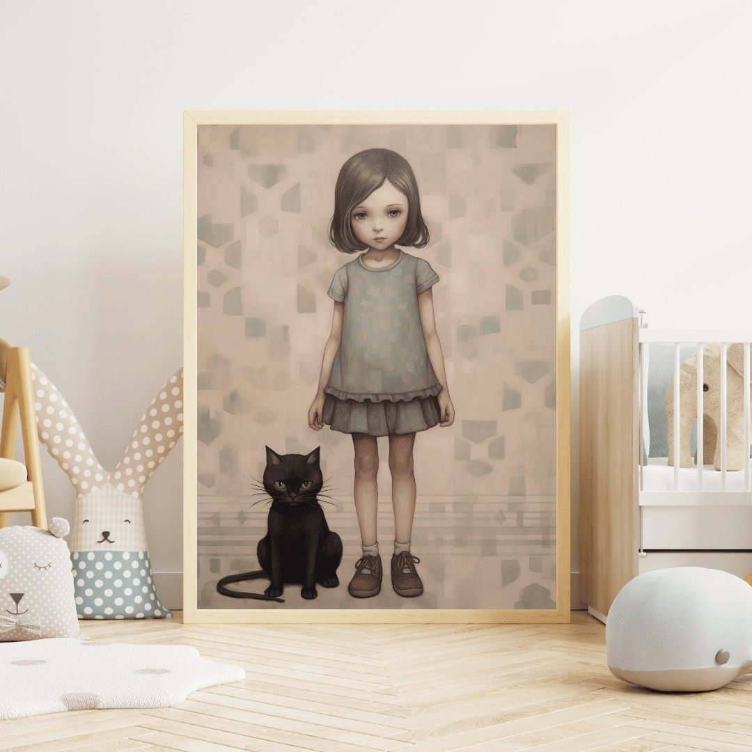 Whimsical Girl's Room Wall Art, Vintage Cat Print, Unique Nursery Decor - WildfieldPrints