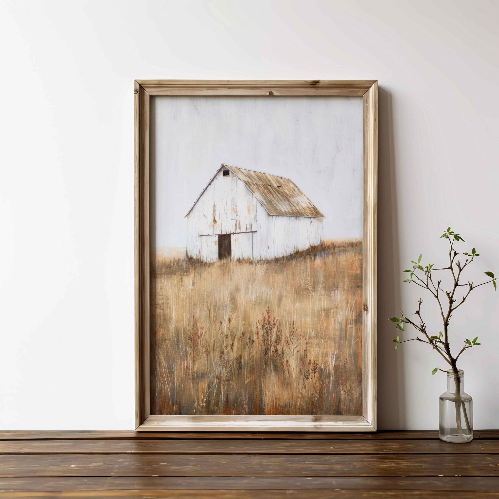 White Barn Print, Farmhouse Painting, Rustic Countryside Decor - WildfieldPrints