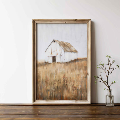White Barn Print, Farmhouse Painting, Rustic Countryside Decor - WildfieldPrints