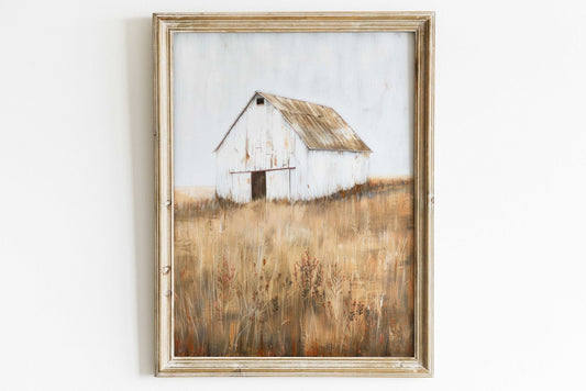 White Barn Print, Farmhouse Painting, Rustic Countryside Decor - WildfieldPrints