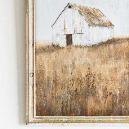 White Barn Print, Farmhouse Painting, Rustic Countryside Decor - WildfieldPrints