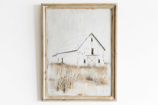 White Barn Print, Farmhouse Painting, Rustic Countryside Decor - WildfieldPrints