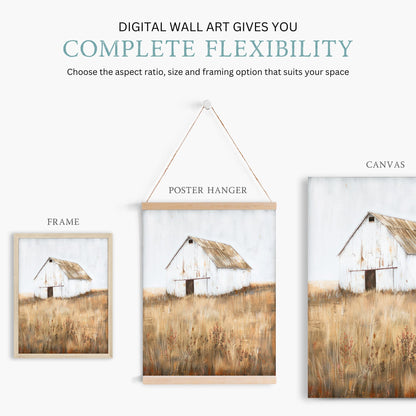 White Barn Print, Farmhouse Painting, Rustic Countryside Decor - WildfieldPrints