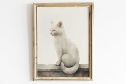 White Cat Wall Art, Kitten Nursery Print, Vintage Animal Decor - WildfieldPrints