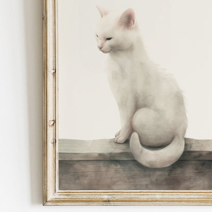 White Cat Wall Art, Kitten Nursery Print, Vintage Animal Decor - WildfieldPrints