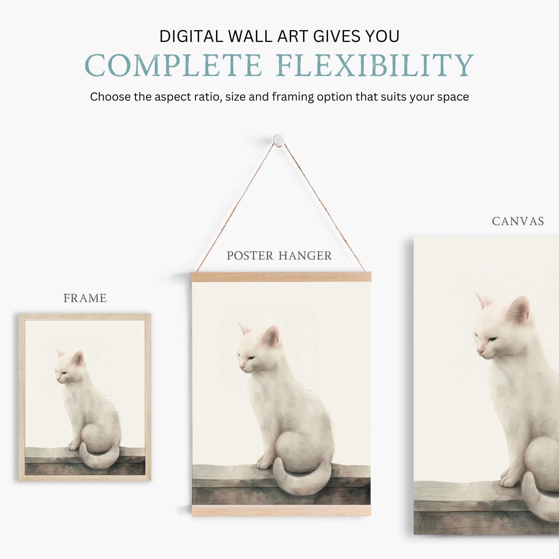 White Cat Wall Art, Kitten Nursery Print, Vintage Animal Decor - WildfieldPrints