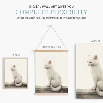 White Cat Wall Art, Kitten Nursery Print, Vintage Animal Decor - WildfieldPrints