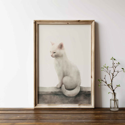 White Cat Wall Art, Kitten Nursery Print, Vintage Animal Decor - WildfieldPrints