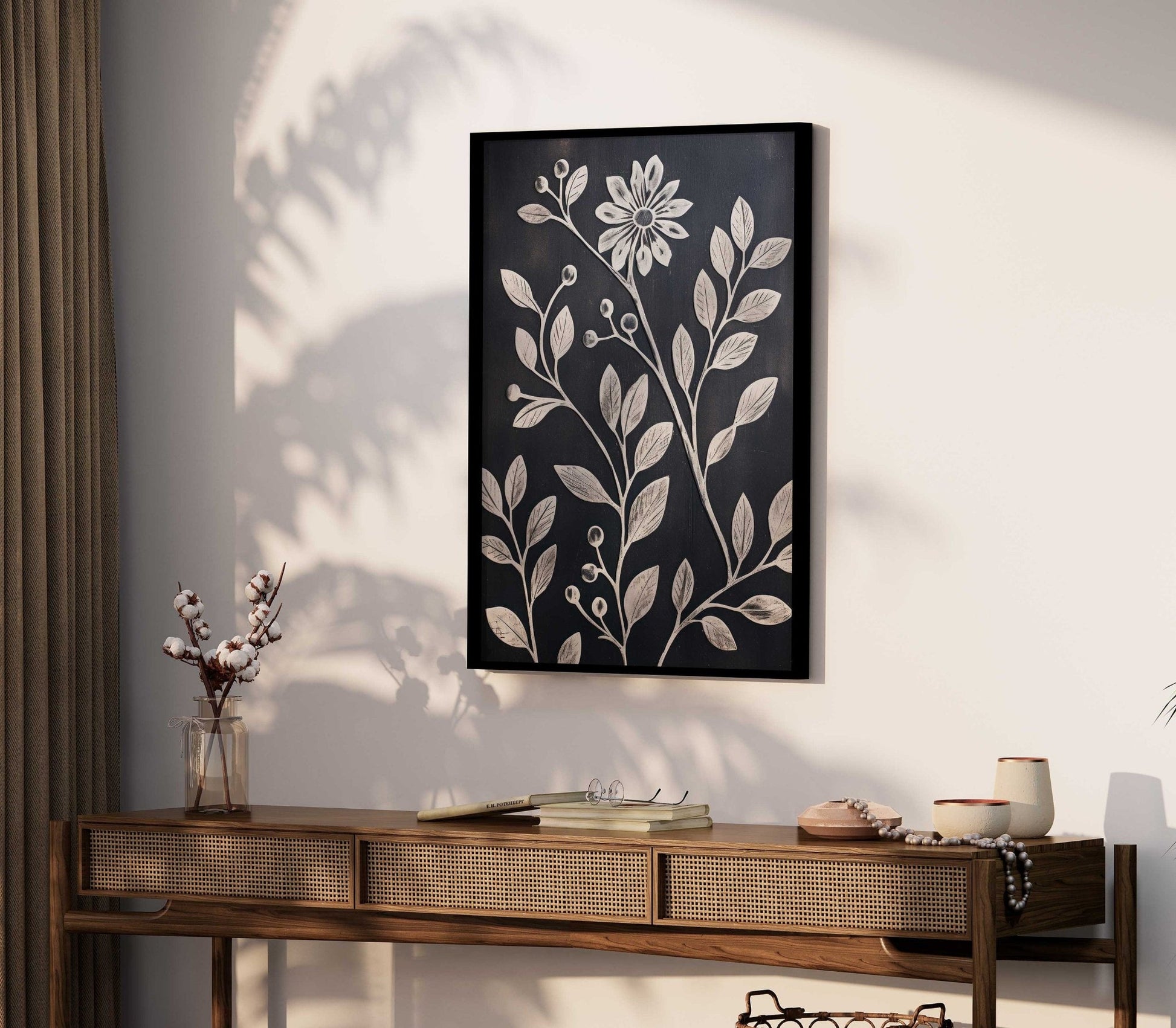 White Flower Art, Rustic Floral Wall Decor, Black Wood Accent - WildfieldPrints