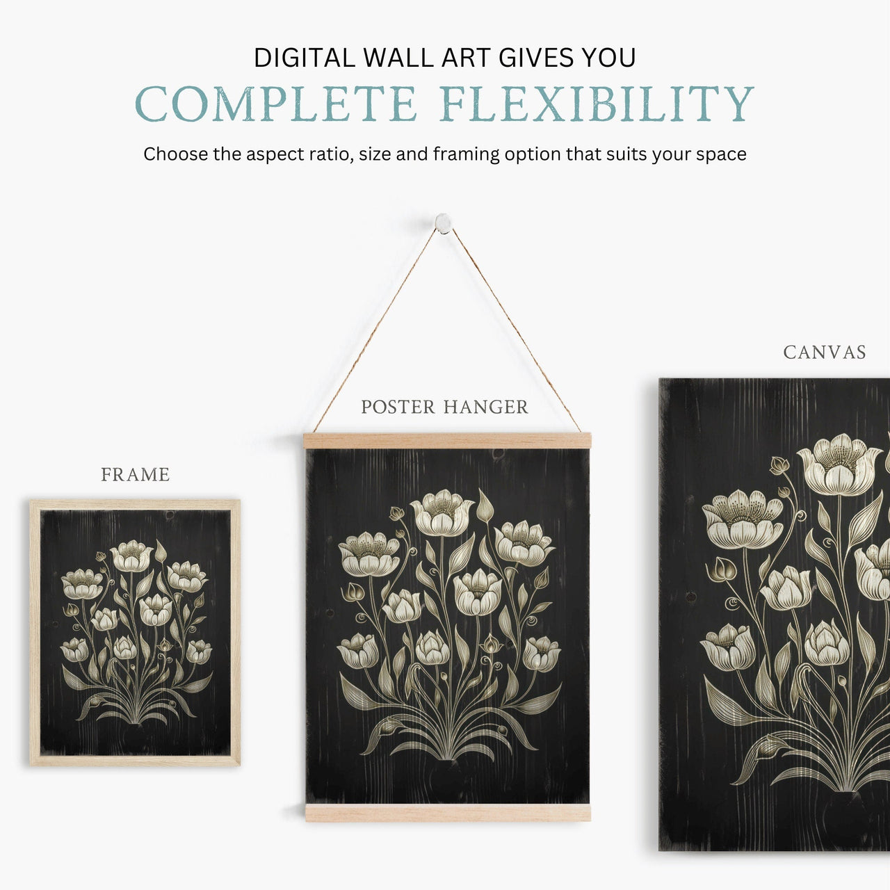 White Flower Print – Floral Living Room Wall Art