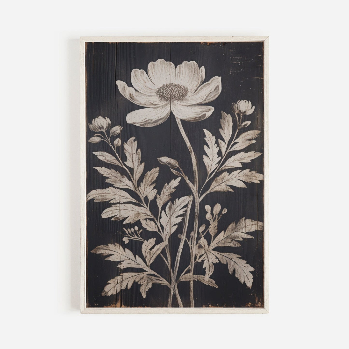 White Flower Print, Rustic Floral Wall Decor, Black Wood Art - WildfieldPrints