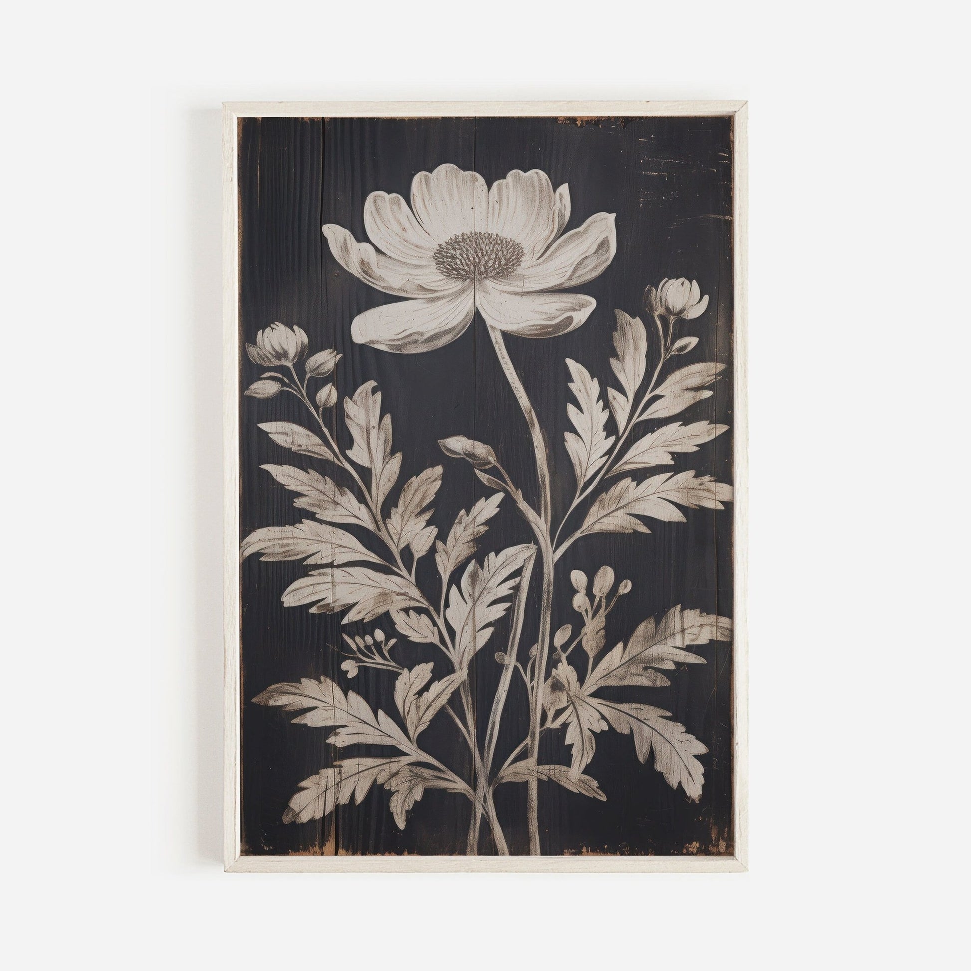 White Flower Print, Rustic Floral Wall Decor, Black Wood Art - WildfieldPrints