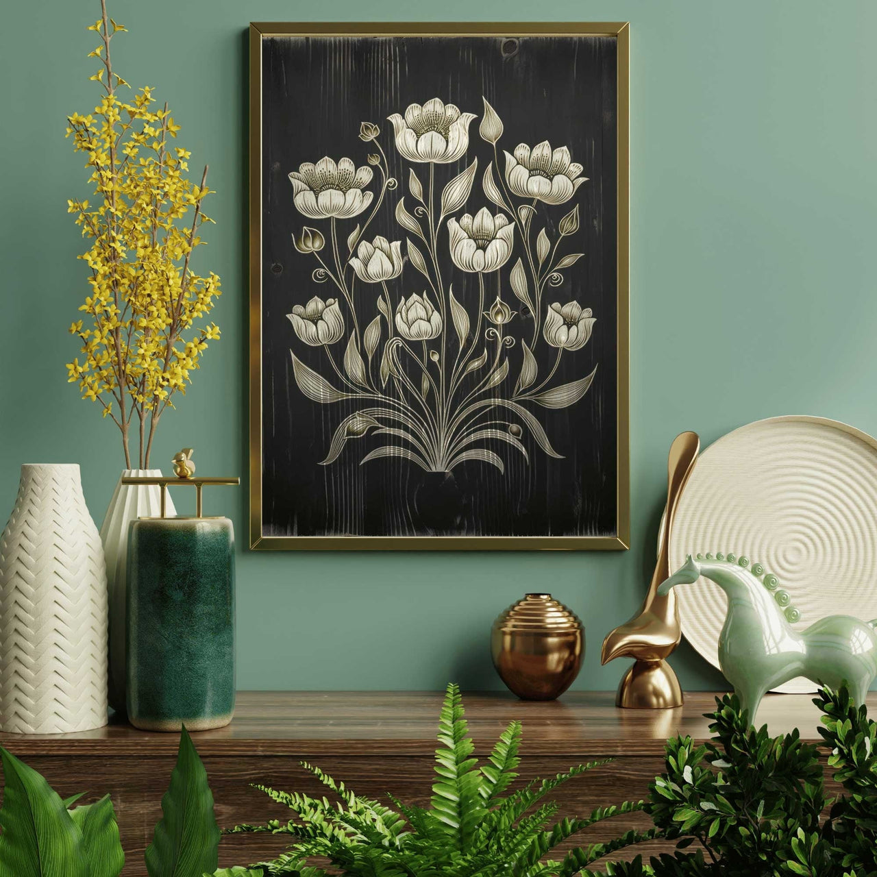 White Flower Print – Floral Living Room Wall Art
