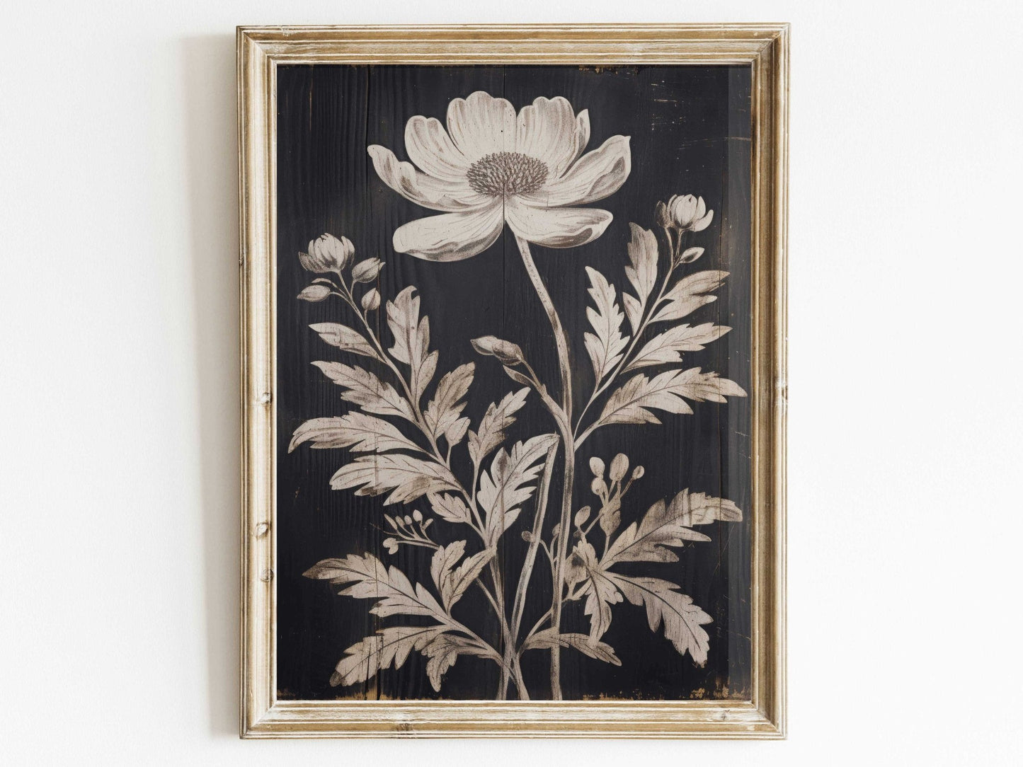 White Flower Print, Rustic Floral Wall Decor, Black Wood Art - WildfieldPrints