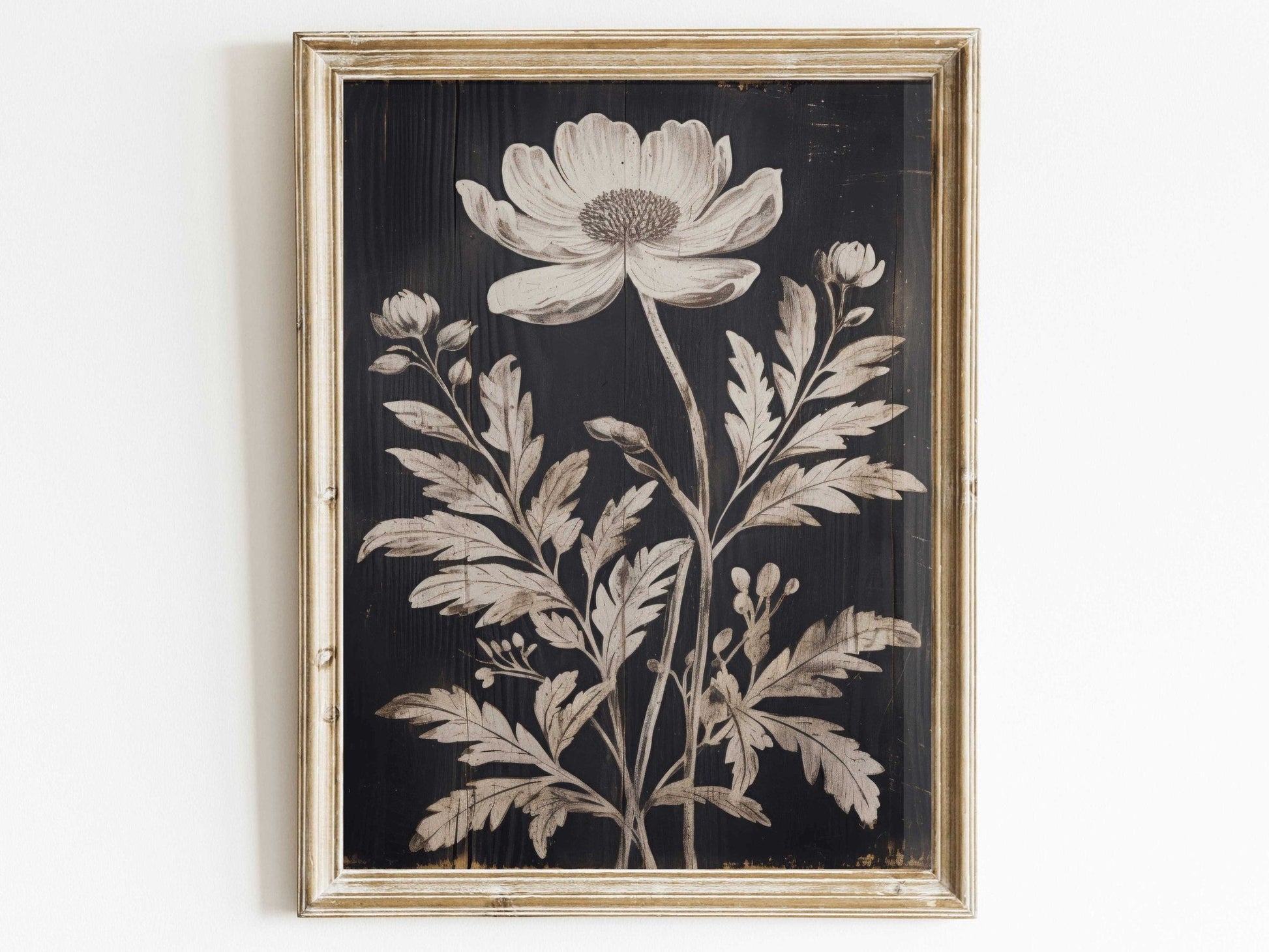 White Flower Print, Rustic Floral Wall Decor, Black Wood Art - WildfieldPrints