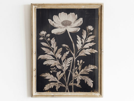 White Flower Print, Rustic Floral Wall Decor, Black Wood Art - WildfieldPrints