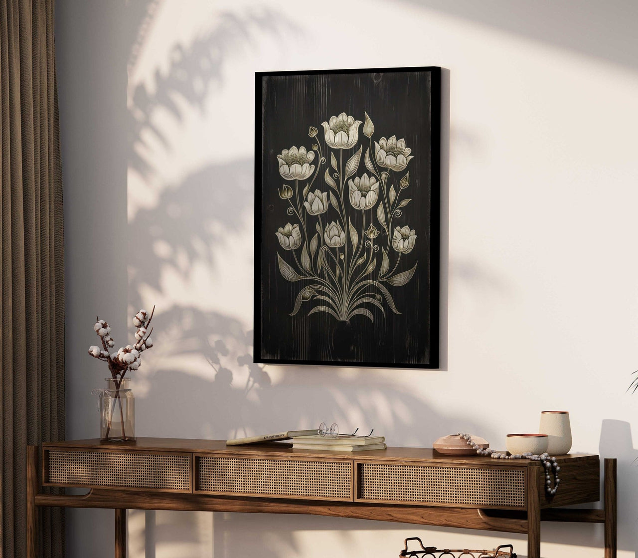 White Flower Print – Floral Living Room Wall Art