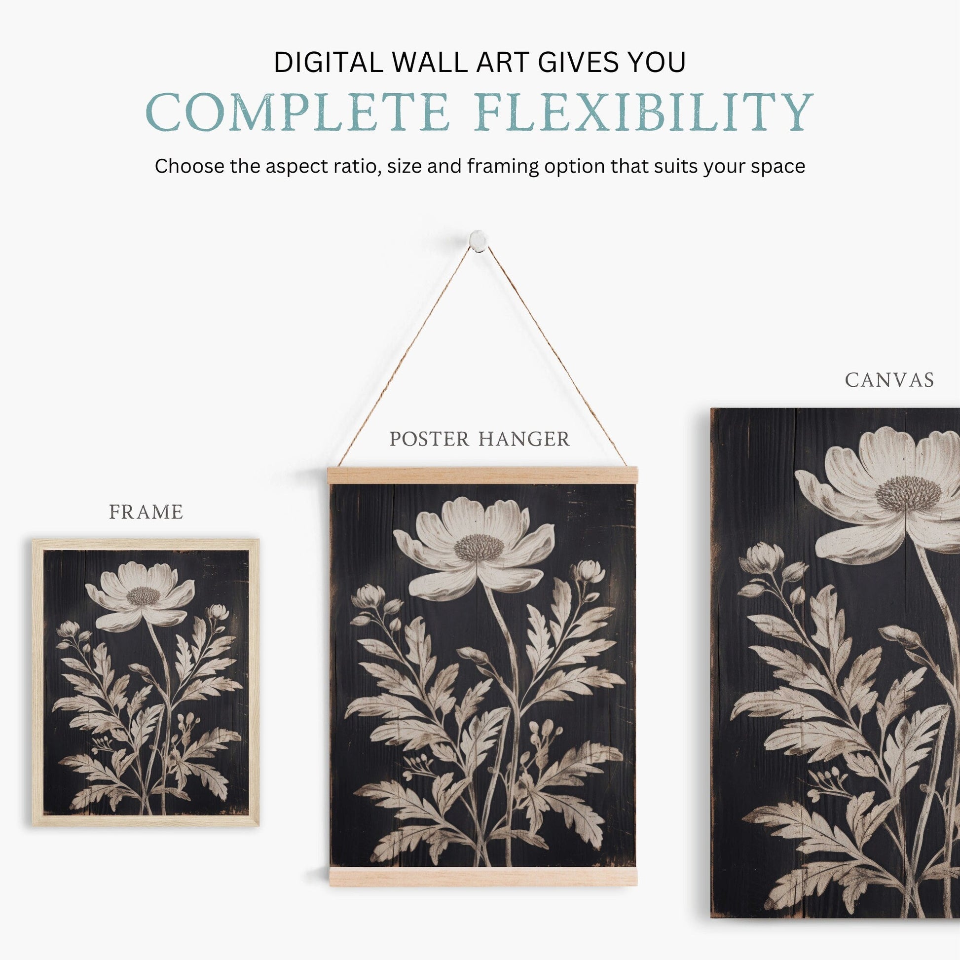 White Flower Print, Rustic Floral Wall Decor, Black Wood Art - WildfieldPrints