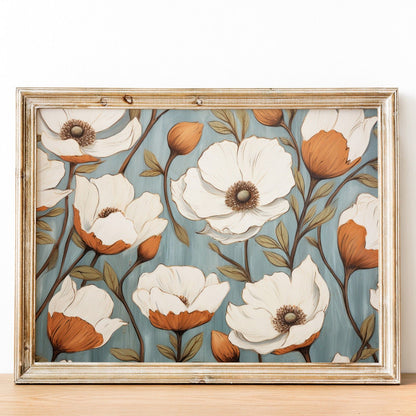 White Flowers Print, Rustic Wall Decor, Vintage Floral Art - WildfieldPrints