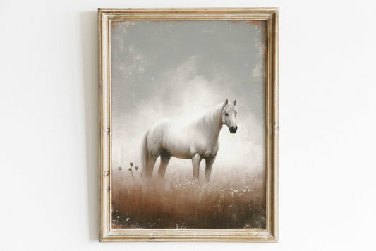 White Horse Artwork, Equestrian Home Decor, Vintage Horse Print - WildfieldPrints