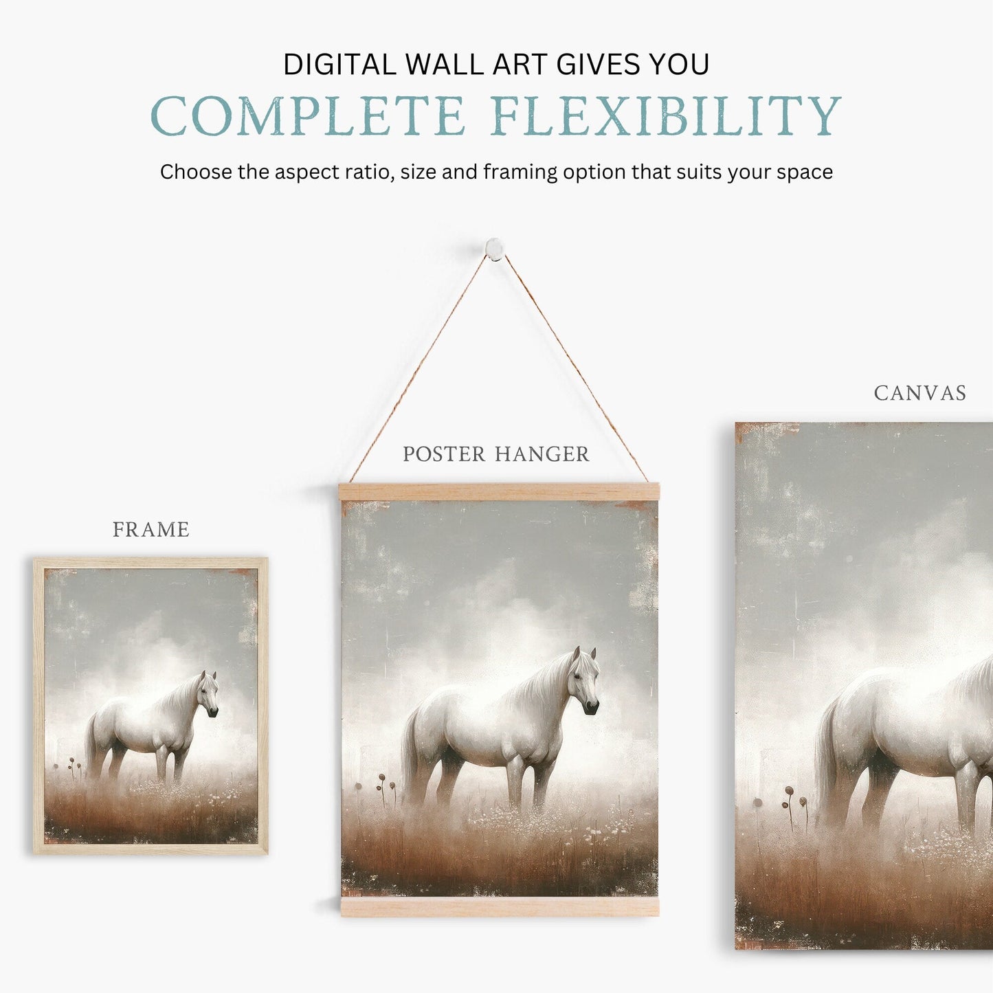 White Horse Artwork, Equestrian Home Decor, Vintage Horse Print - WildfieldPrints