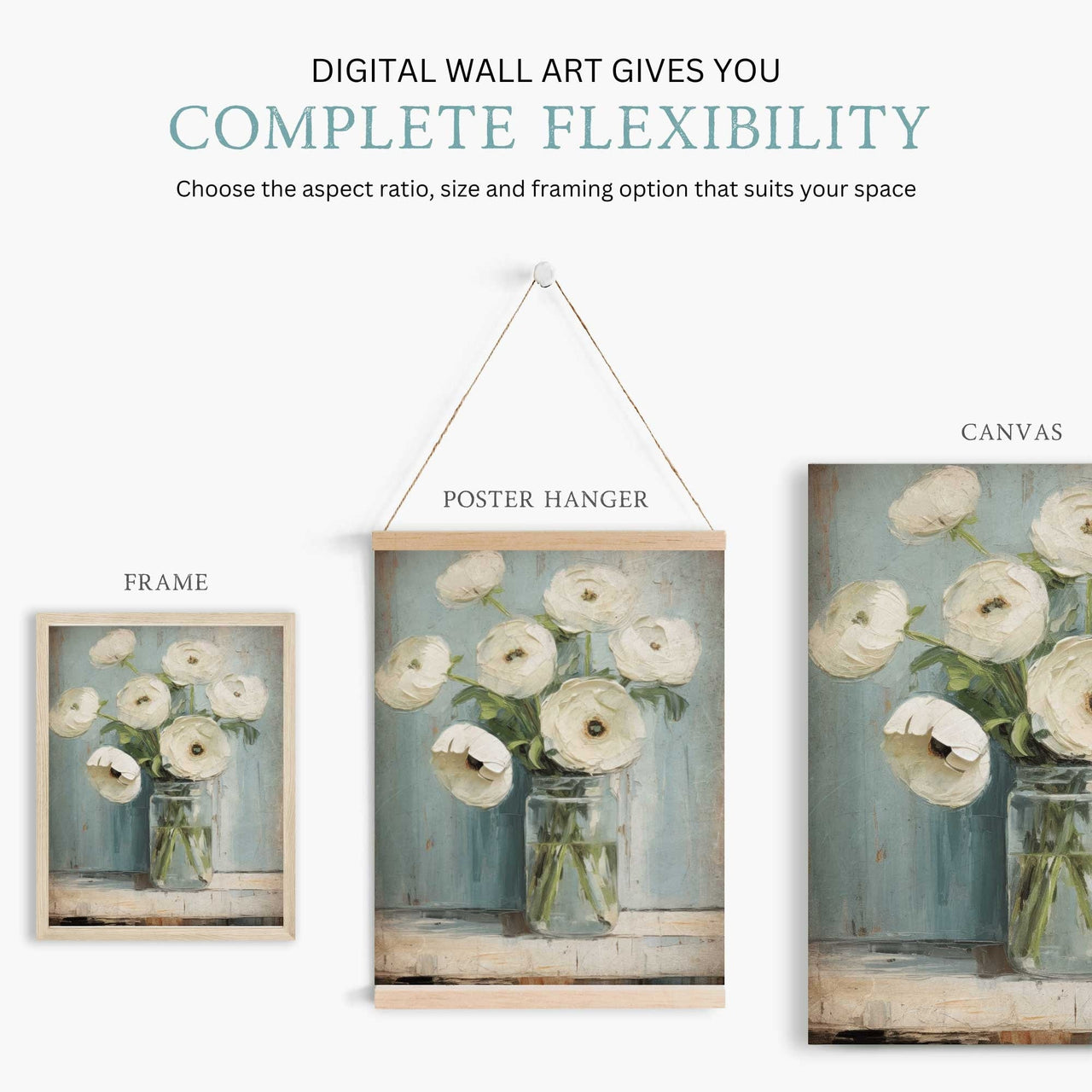White Ranunculus Wall Art – Floral Vintage Room Print