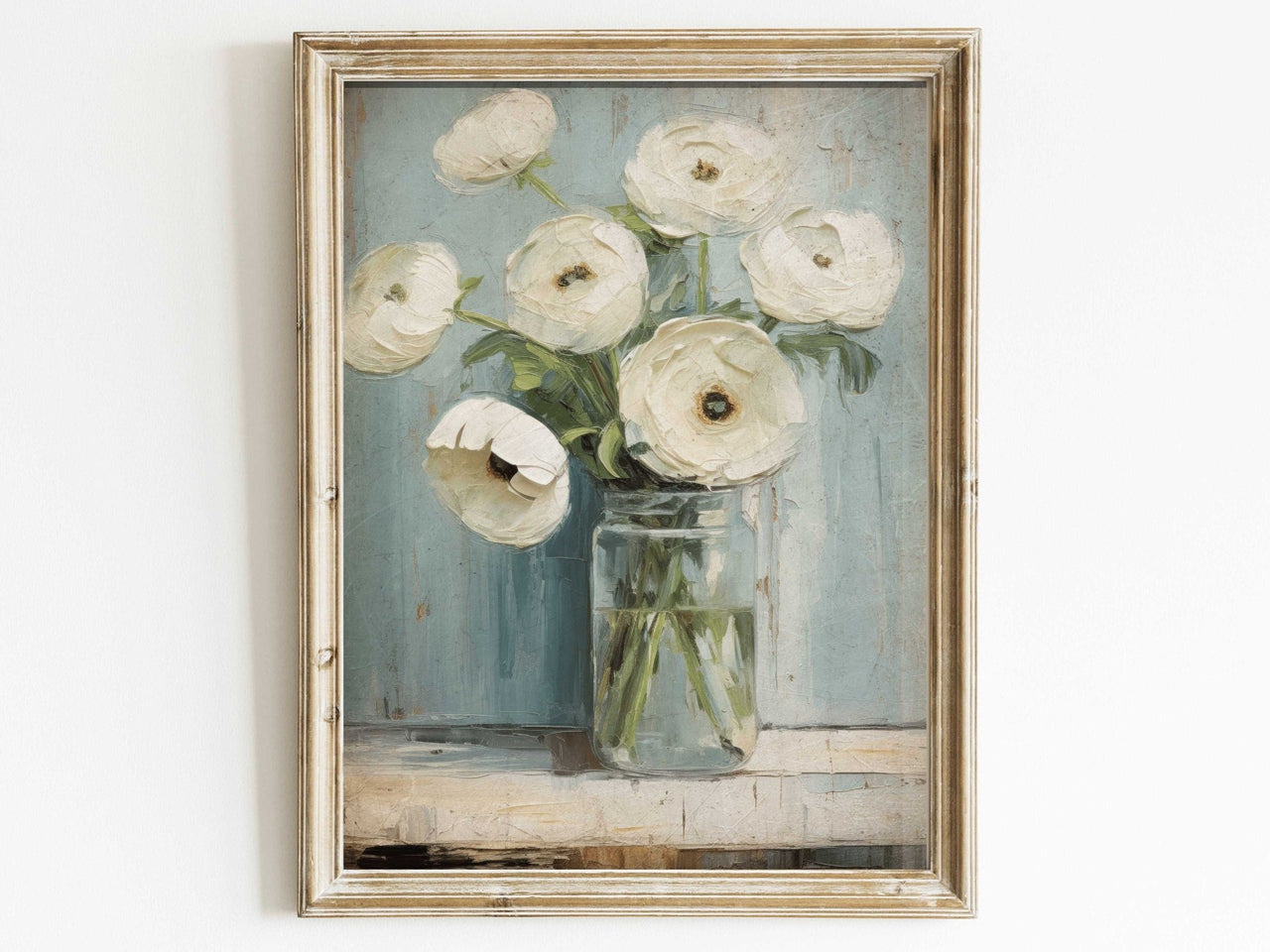 White Ranunculus Wall Art – Floral Vintage Room Print