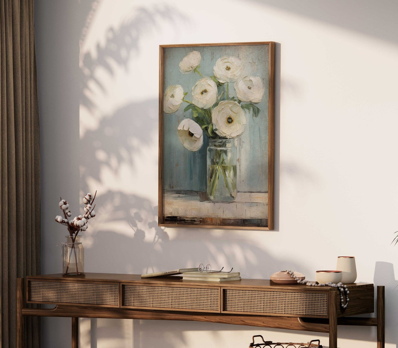 White Ranunculus Wall Art – Floral Vintage Room Print