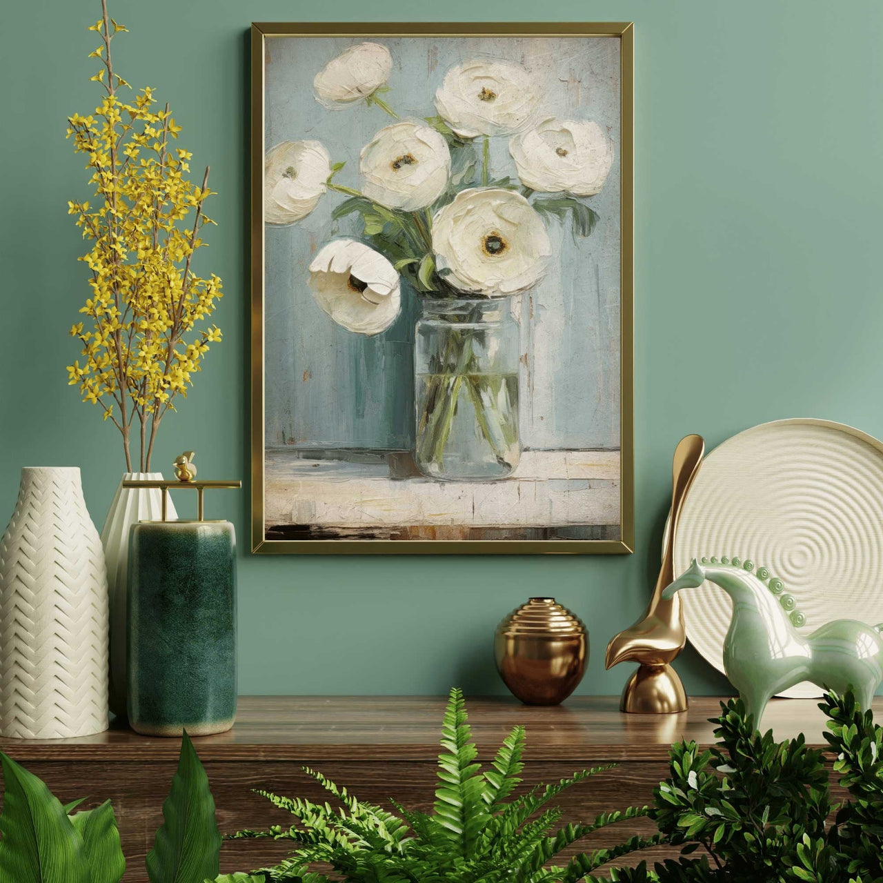 White Ranunculus Wall Art – Floral Vintage Room Print