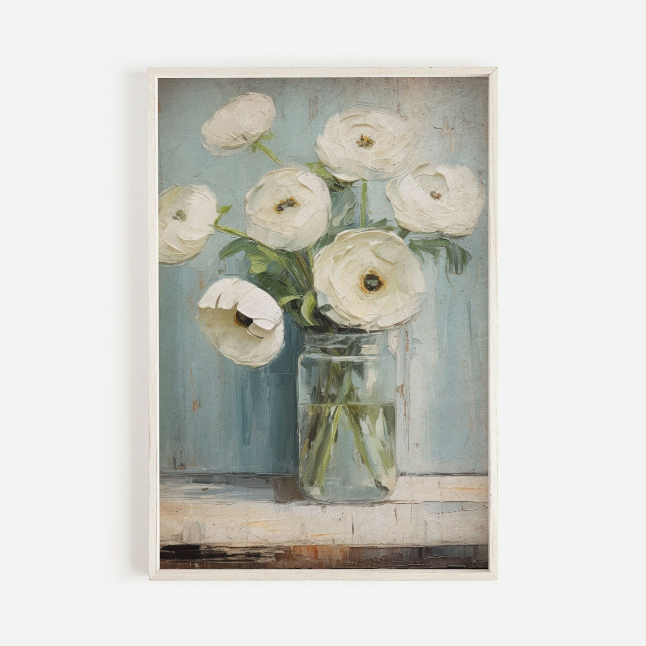 White Ranunculus Wall Art – Floral Vintage Room Print
